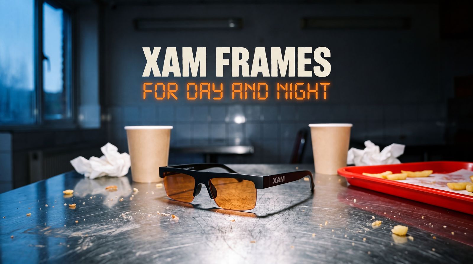 Finished ad: XAM sunglasses on a steel table, headline XAM FRAMES, for day and night