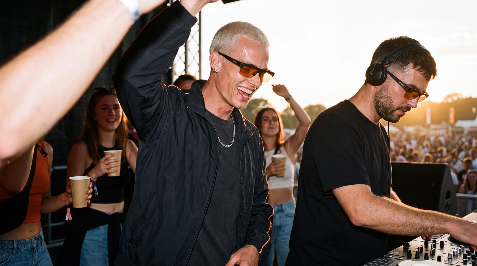 Model wearing XAM sunglasses dancing next to a DJ at a festival at sunset